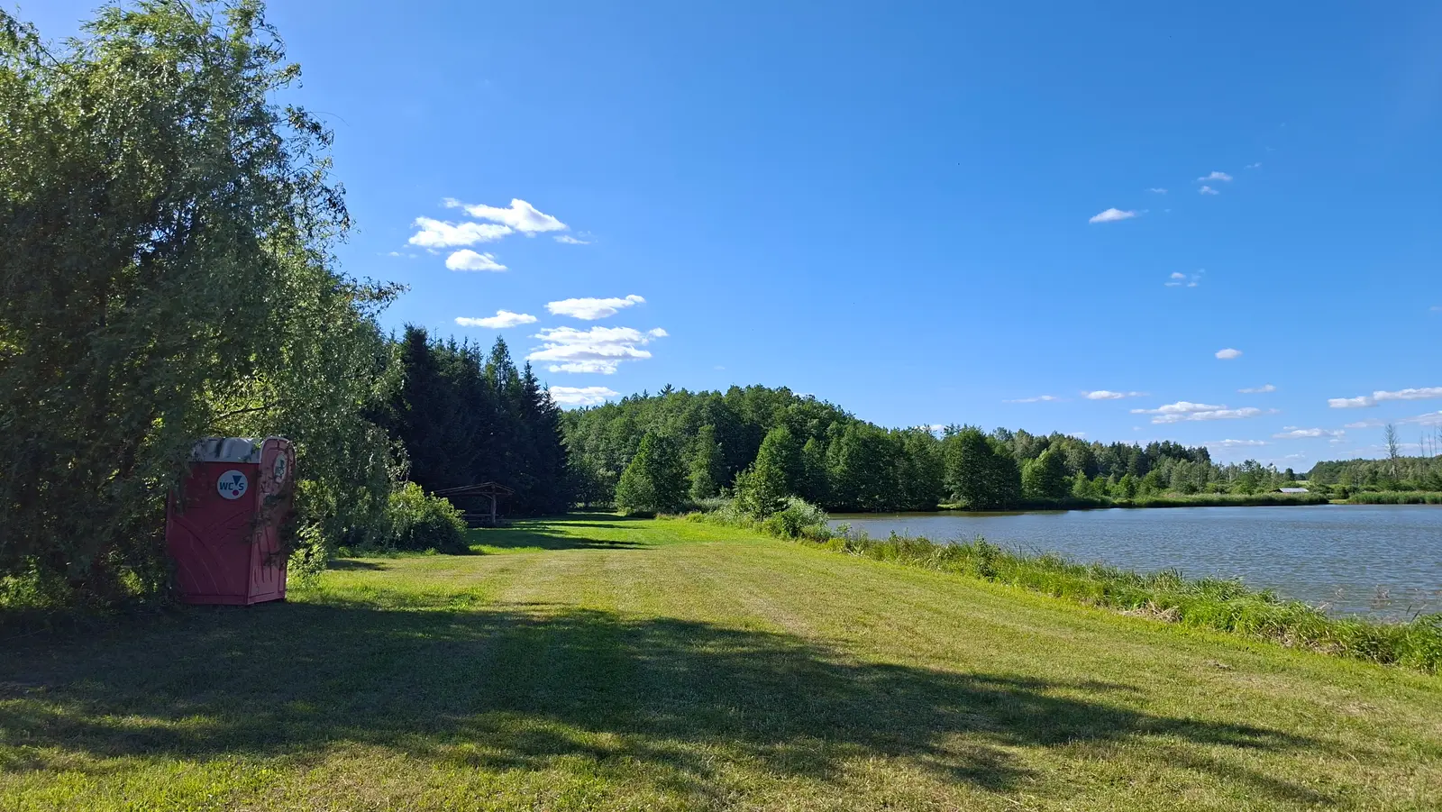 Zdjęcie przedstawia sielski krajobraz w orientacji poziomej, w którym dominuje rozległa, zielona łąka przylegająca do spokojnego jeziora. Po lewej stronie kadru, pod rozłożystym, zielonym drzewem, ustawiona jest czerwona przenośna toaleta typu toi-toi z widocznym symbolem „WC” oraz graficznym logo na drzwiach. W oddali widać gęstą linię lasu, która ciągnie się wzdłuż brzegu zbiornika wodnego, tworząc naturalne tło. Niebo jest intensywnie niebieskie z kilkoma delikatnymi, białymi chmurami, co sugeruje słoneczny, letni dzień. Całość kompozycji charakteryzuje się dużą ilością otwartej przestrzeni, gdzie światło słoneczne rzuca wyraźne cienie na soczystą trawę.